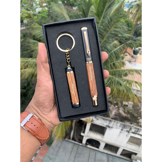 Wooden Finish Triangle Pen & Keychain Set